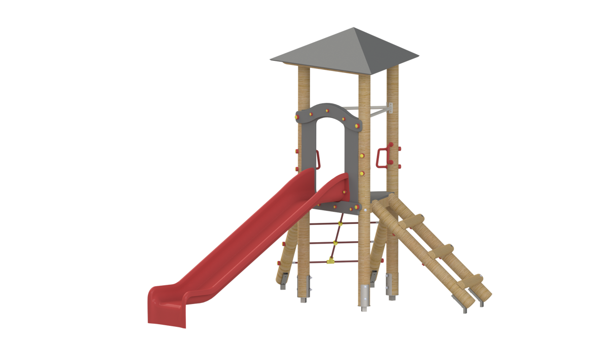 Spielturm offen mit Rutsche und Kletternetz - niedrig